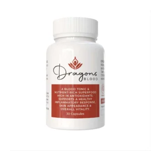 Dragons Blood South Africa supplement bottle – nutrient-rich superfood capsules, blood tonic high in antioxidants, supports skin appearance, vitality, and healthy inflammatory response – 30 capsules.